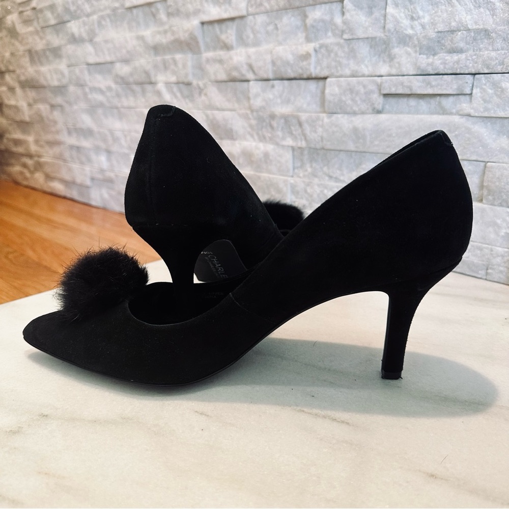 Charles Black Suede Pom Pom Heels